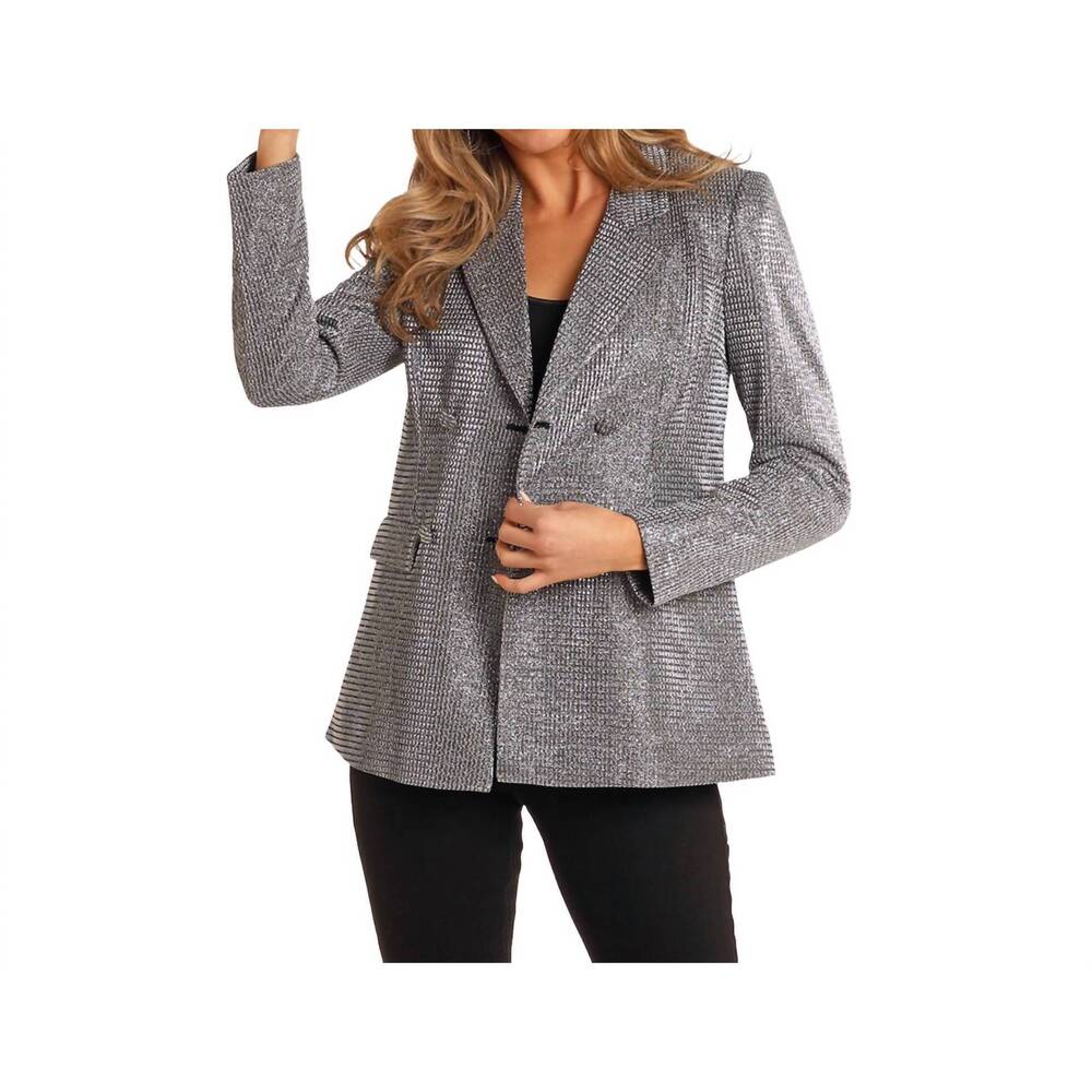 NEW ROCK & ROLL DENIM metallic rhinestone blazer in silver